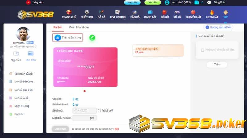 Hướng dẫn rút tiền Sv368 về tài khoản nhanh nhất